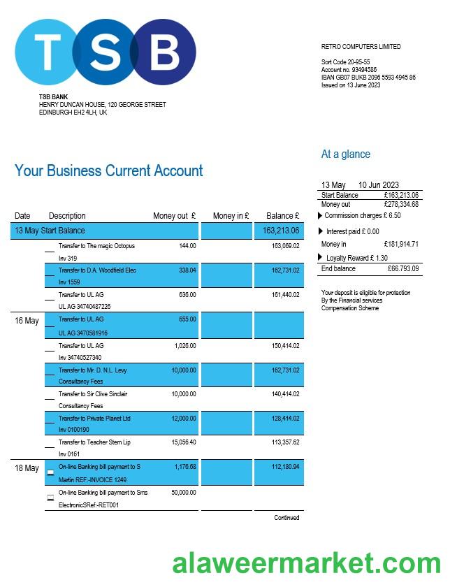 TSB Bank firm account statement Word and PDF template